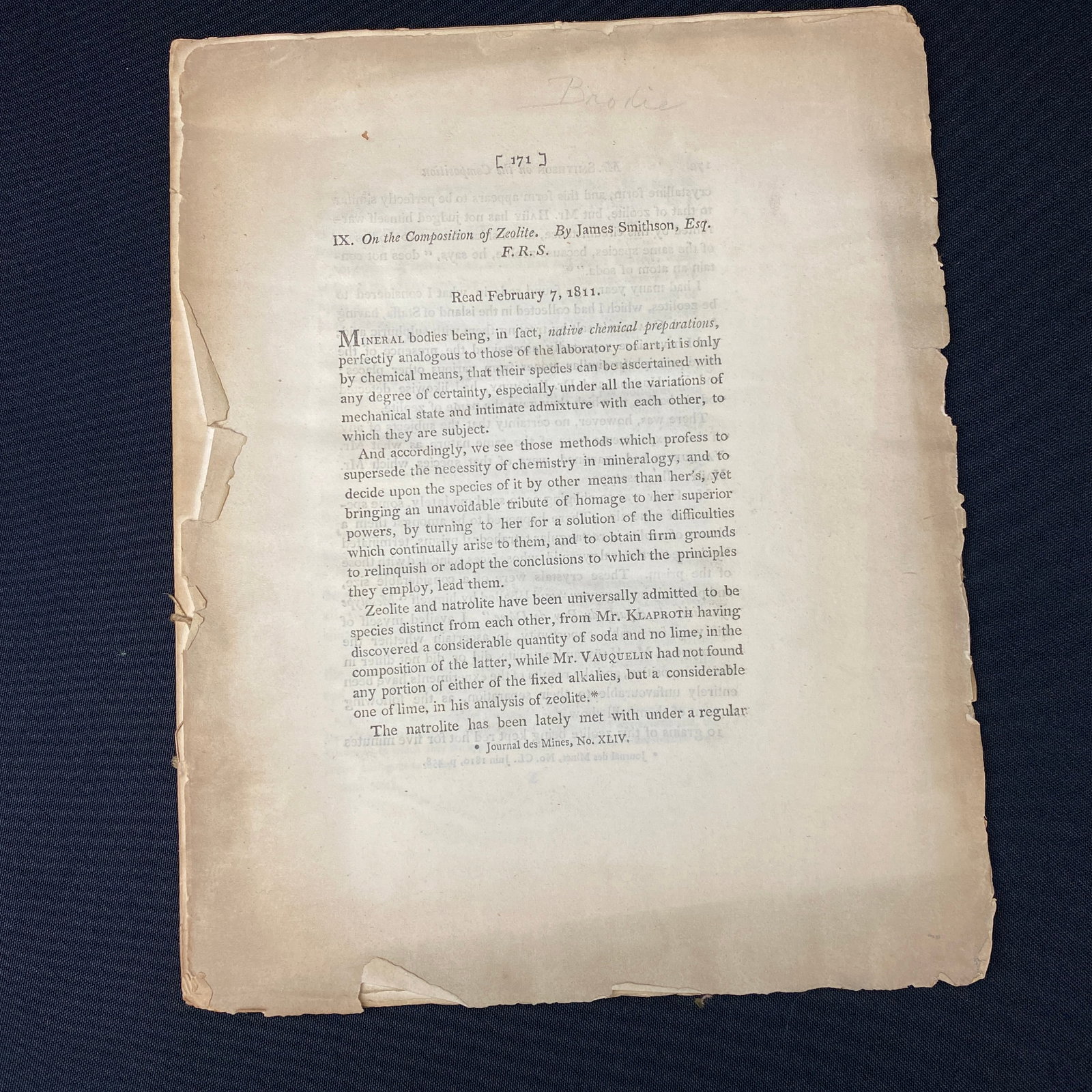 Antique Scholarly Paper Mr. Smithson on the Composition of Zeolite 1811 (1 of 4)