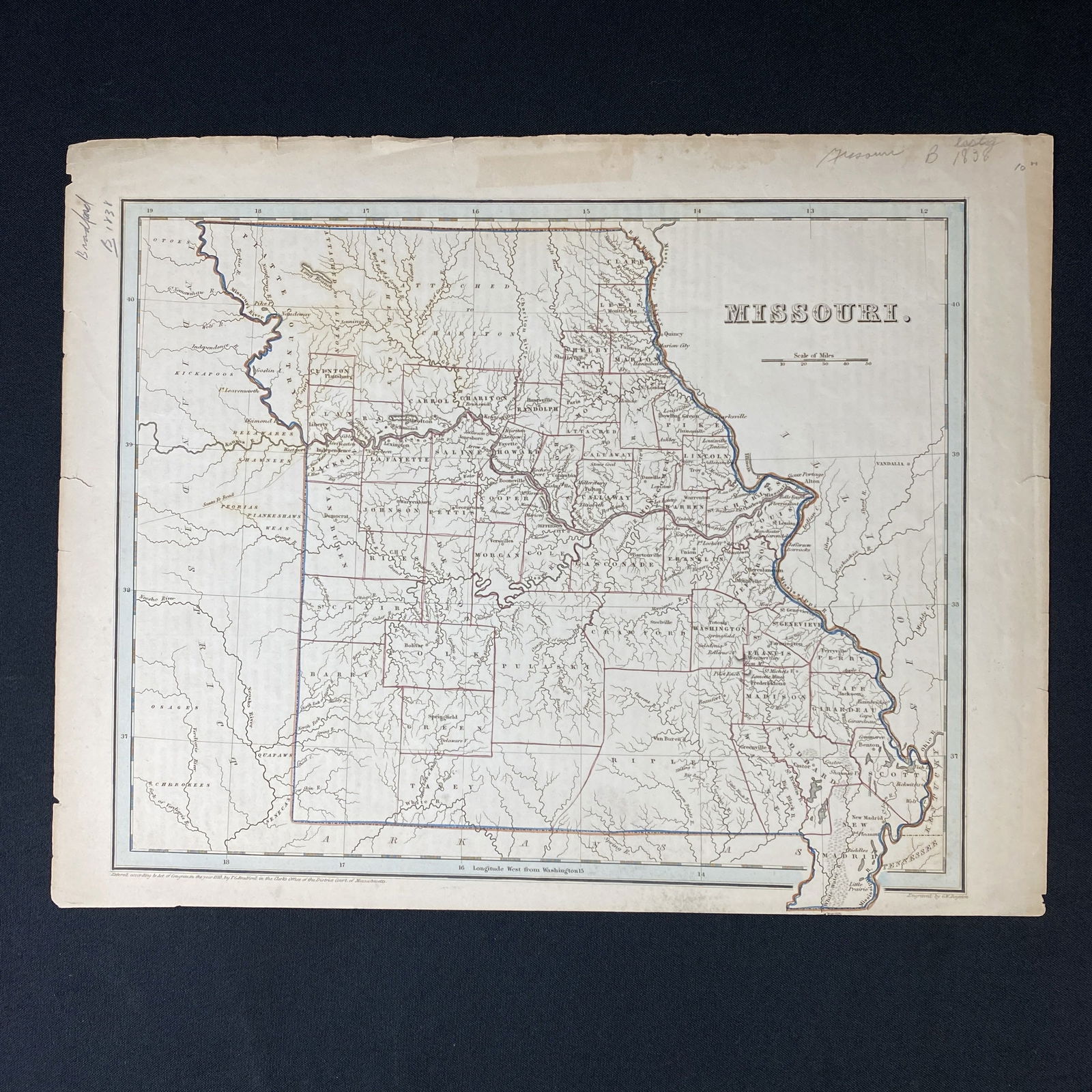Antique 1838 Missouri Bradford Map: Antique 1838 Missouri Map. Missouri. Entered ... 1838, by T.G. Bradford ... Massachusetts. Engraved by G.W. Boynton. The map has some hand coloring.