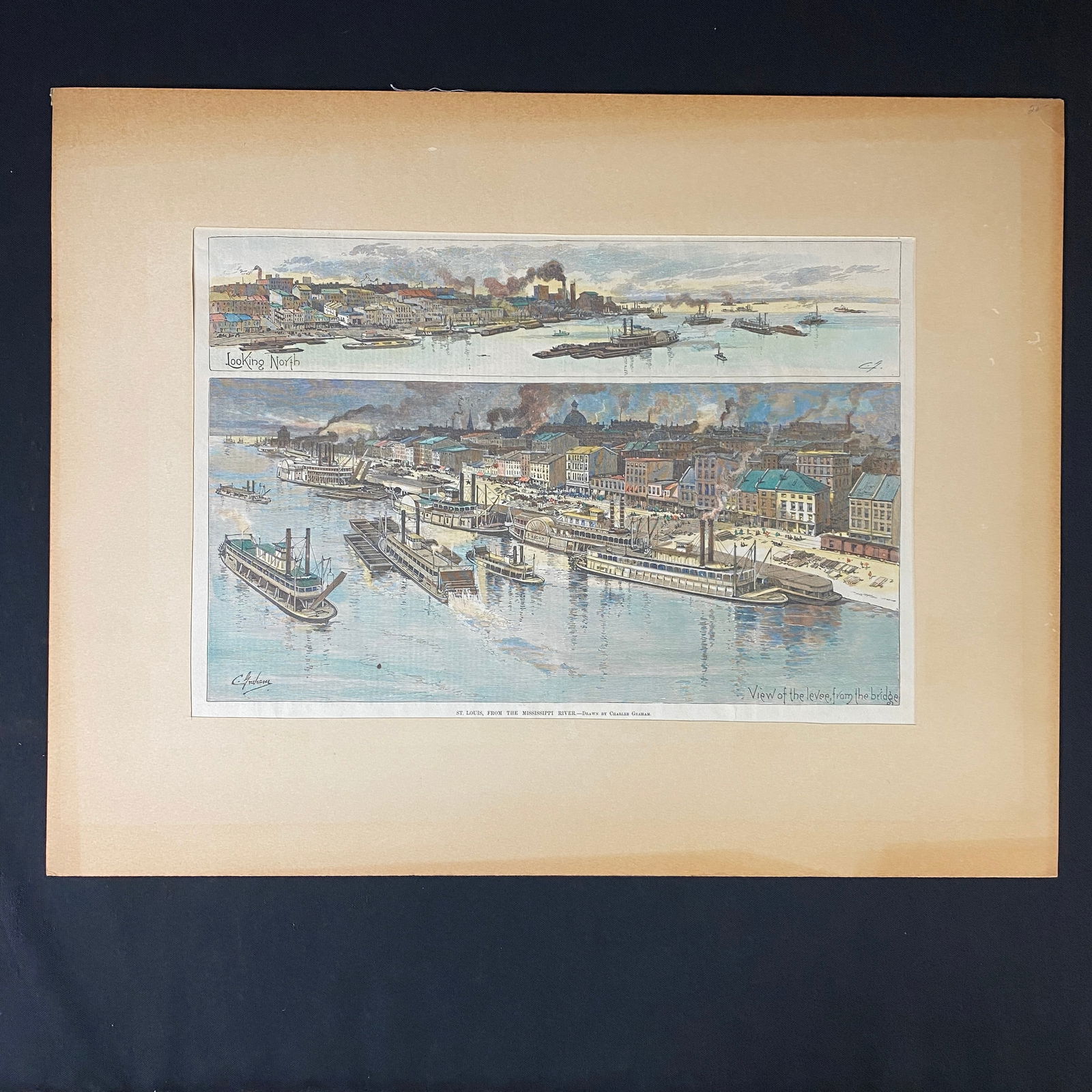 Victorian harpers Weekly View of St Louis Hand Colored: Victorian Harpers Weekly View of St Louis From the Mississippi River Drawn by Charles Graham. The print has been hand colored. It has been mount with a matte.