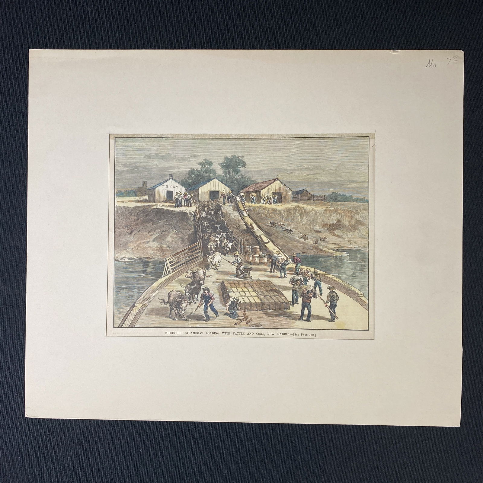 Harpers Weekly View of Mississippi Steamboat loading with Cattle and corn New Madrid 1883: Harpers Weekly View of Mississippi Steamboat loading with Cattle and corn New Madrid 1883. The wood engraving is hand colored.