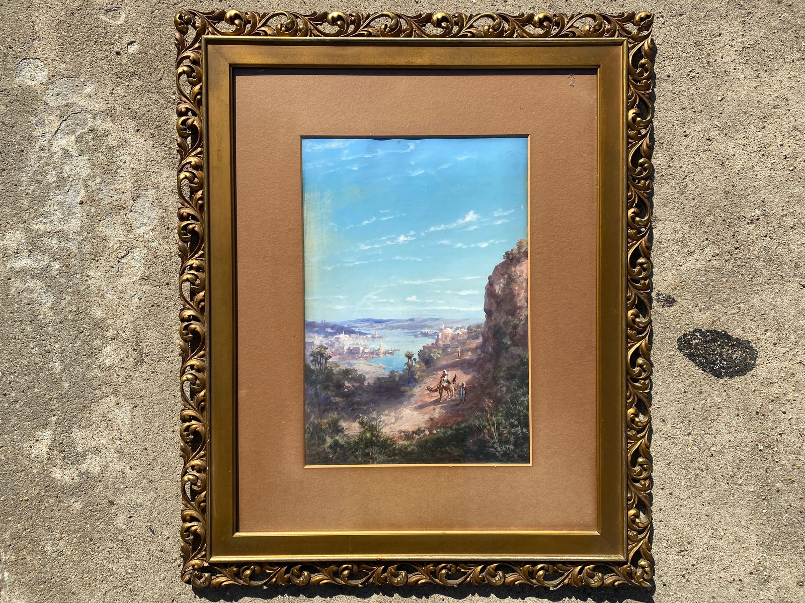 Paul Pascal Orientalist Gouache in Gilt Frame 1875: aul Pascal (1806 - 1879) Orientalist gouache landscape in its original gilt frame. The piece is signed and dated 1875 in lower left corner. The sight size is 18 inches tall by 12.25 inches wide. Pasca