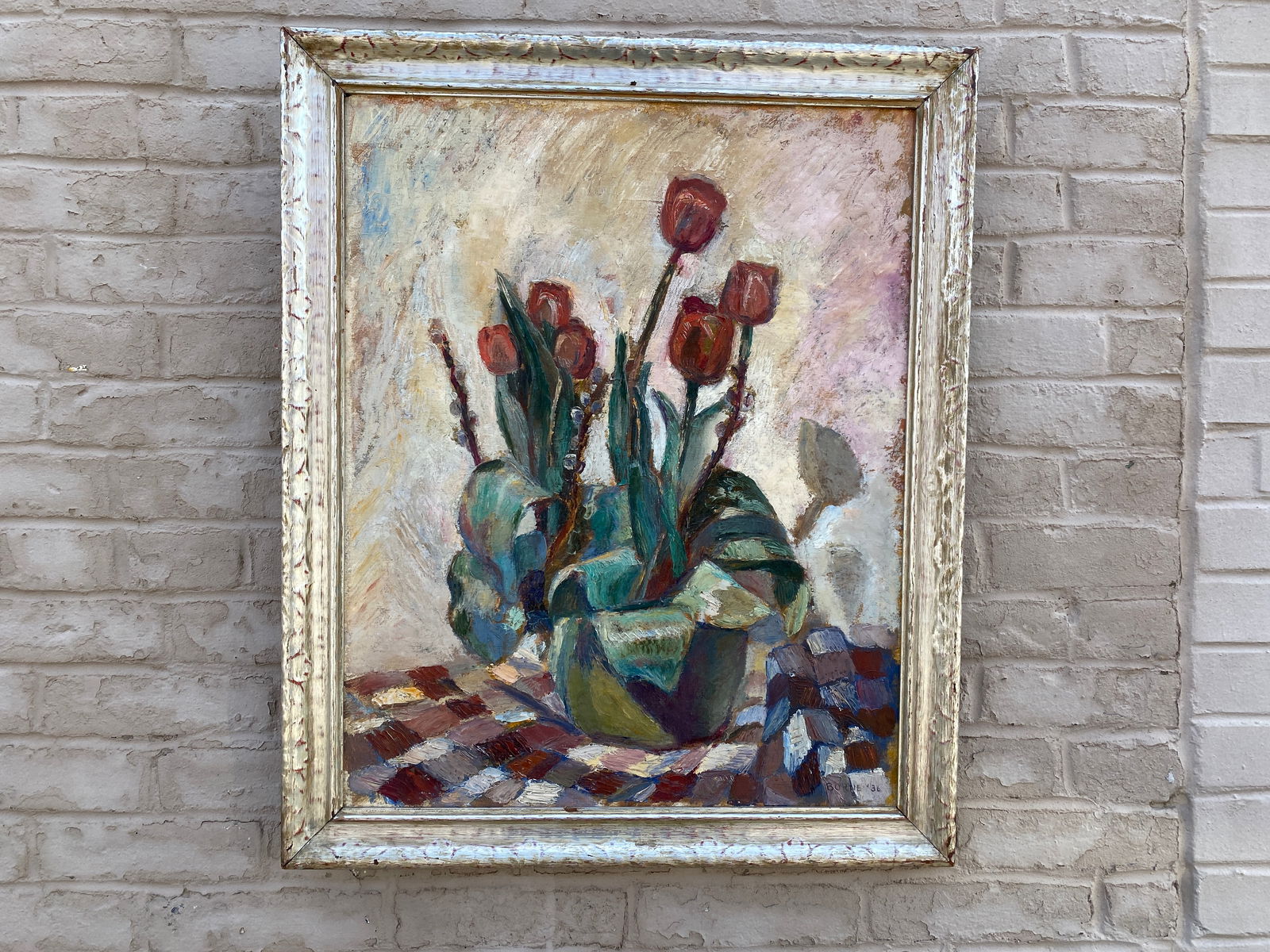 Mortimer Borne Modernist Still Life 1936: Mortimer Borne modernist oil on canvas still life painting. The canvas size is 25 inches tall by 20 inches wide. The painting is in its original silver leaf frame. The painting is signed and dated in