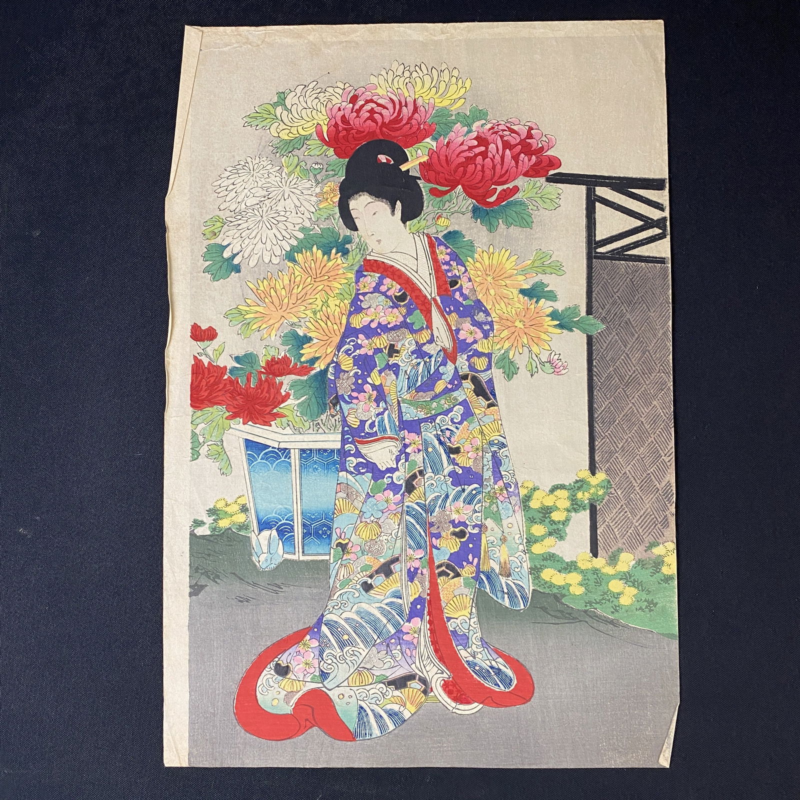 Toyohara Chikanobu Attr Woodblock Print Woman with Chrysanthemums (1 of 6)