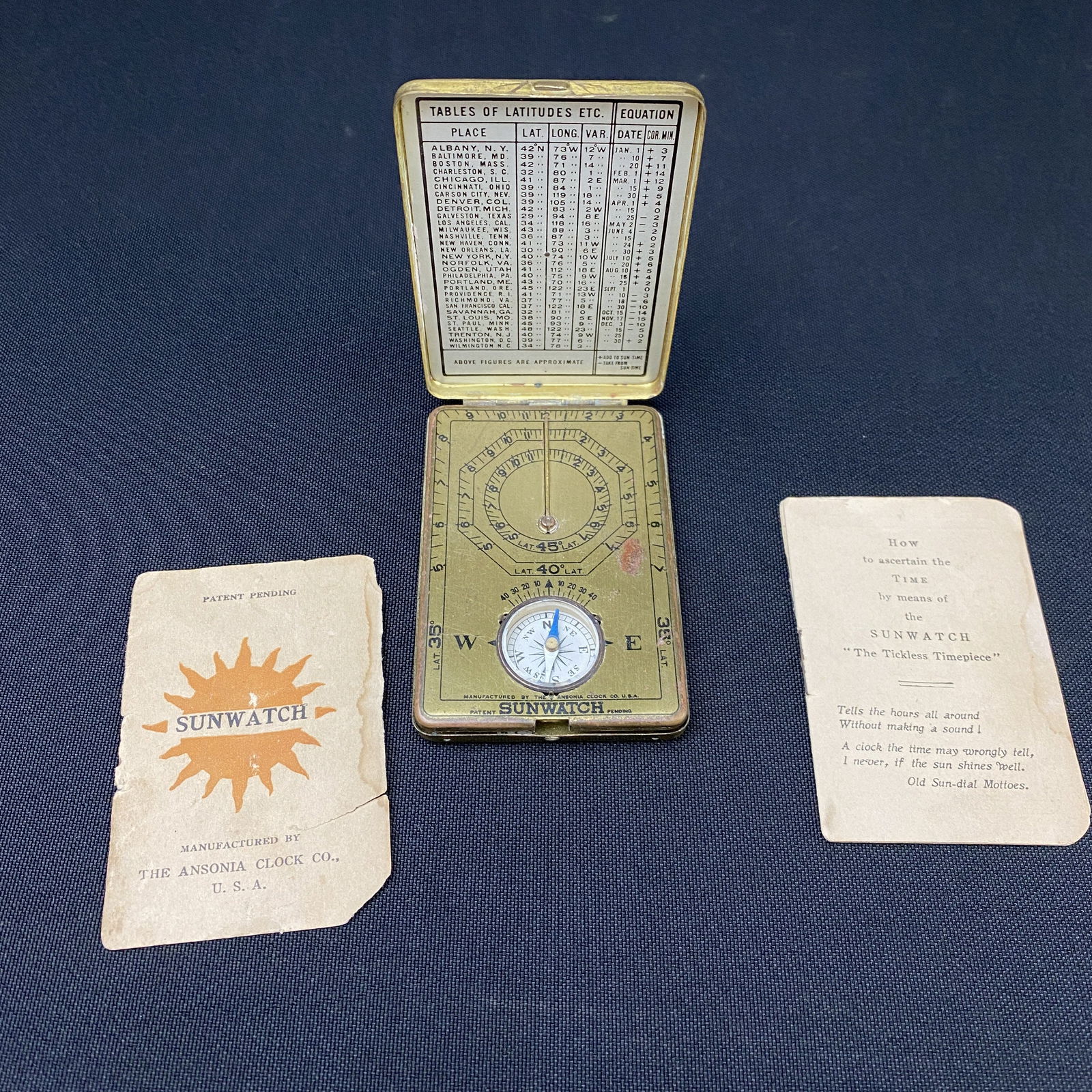 Vintage Ansonia Sunwatch with Original Booklet: The Ansonia Clock Co. Sunwatch. It is a pocket size sundial and compass make in 1921.