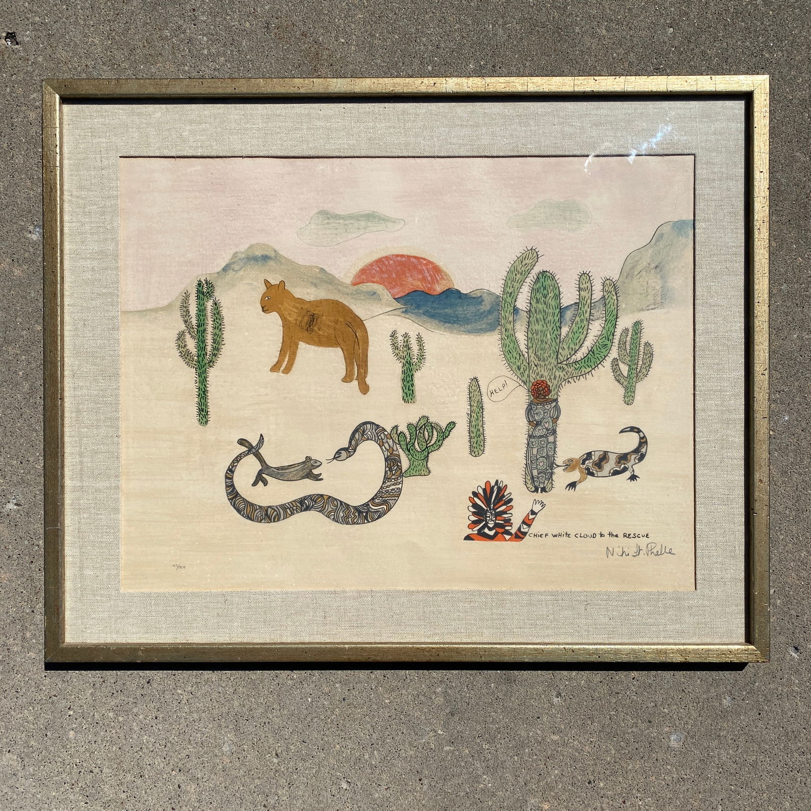 Nikide Saint Phalle Chief White Cloud to the Rescue 1976 Color Lithograph: Nikide Saint Phalle Chief White Cloud to the Rescue 1976 Color Lithograph. The artwork is signed and numbered in pencil. The piece is number 97 of a run of 150. The sight size is 18.8x25 inches. It ha