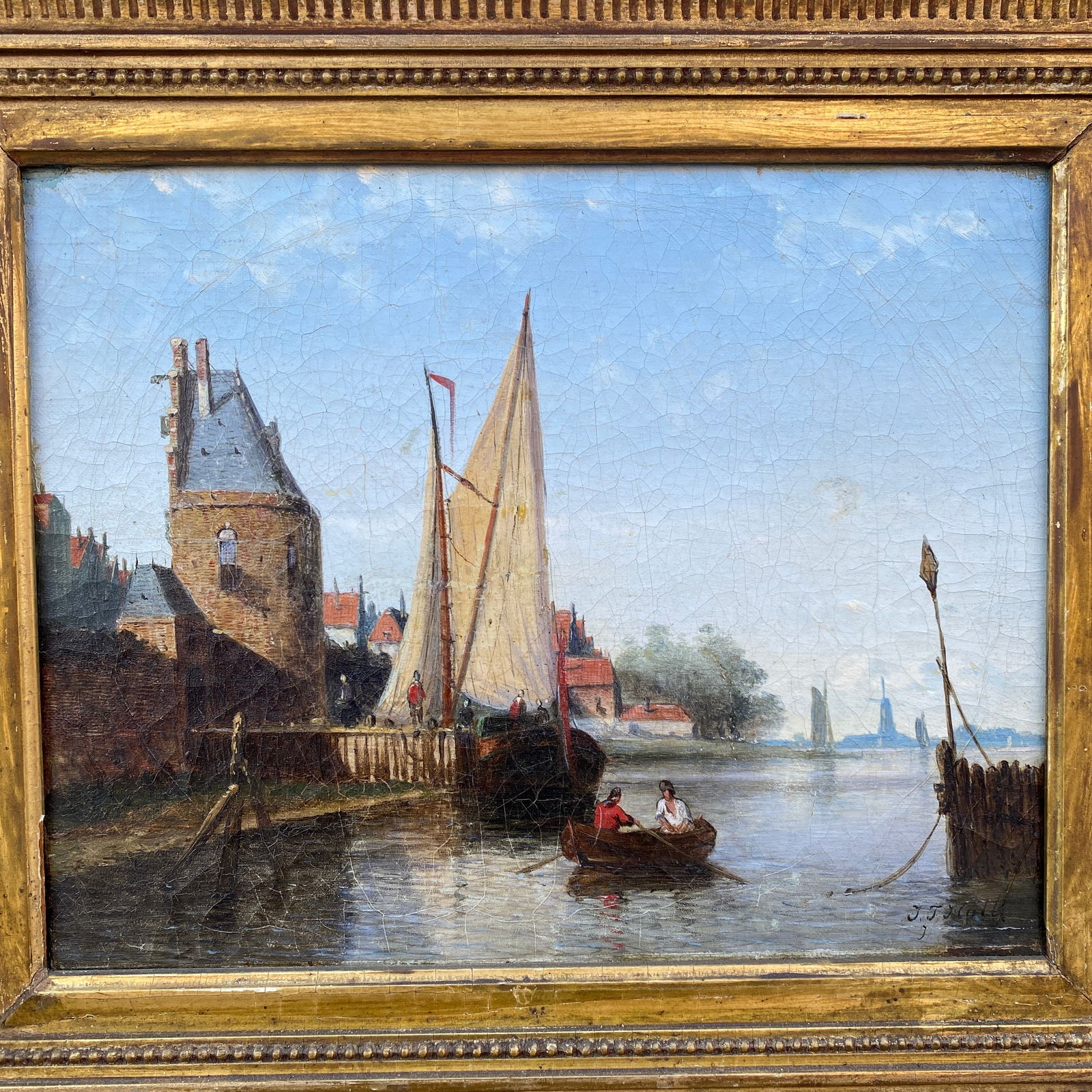 John F Hulk Harbour Scene in Gilt Frame: Original John F Hulk oil on canvas painting in original gilt frame. The painting is signed J. F. Hulk in the lower right corner. The canvas size of the painting is 10.5 x 8.5 inches. The overall measu