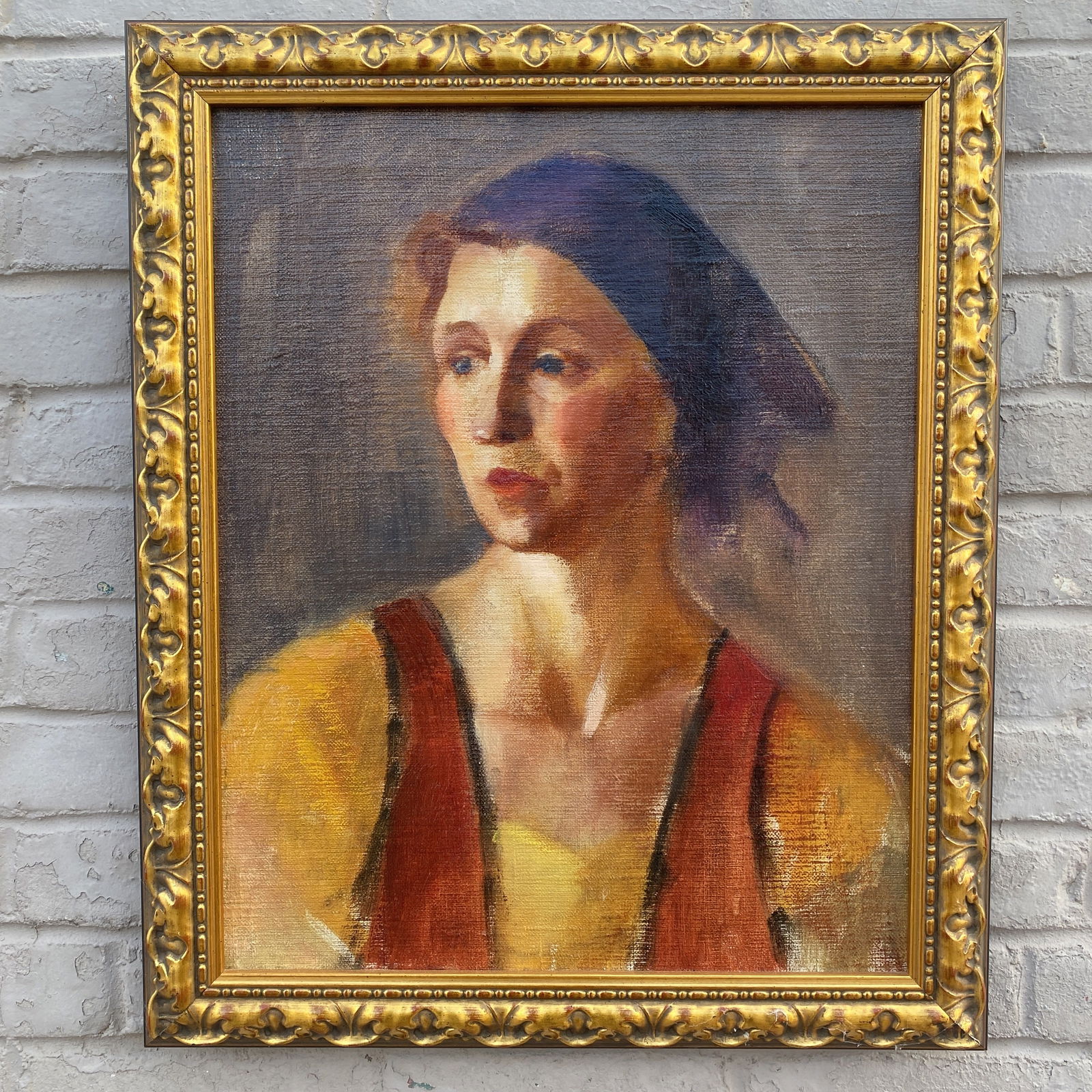 Stella Bowen Attr. 1930s Oil on Canvas Portrait of a Woman o/c: 1930s oil on canvas painting of a lady. The painting is signed on the back stretchers in paint Bowen. The painting is attributed to the artist Stella Bowen.