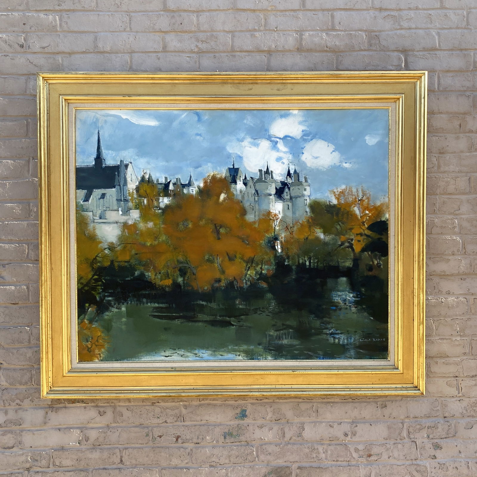 Large Michel Rodde Oil on Canvas in Glod Leaf Frame: Large Michel Rodde oil on Canvas Painting in a great gold gilt frame. The painting is signed in the proper left corner. There is a gallery tag on the back of the frame of the Mitsuroshi Art Gallery. T