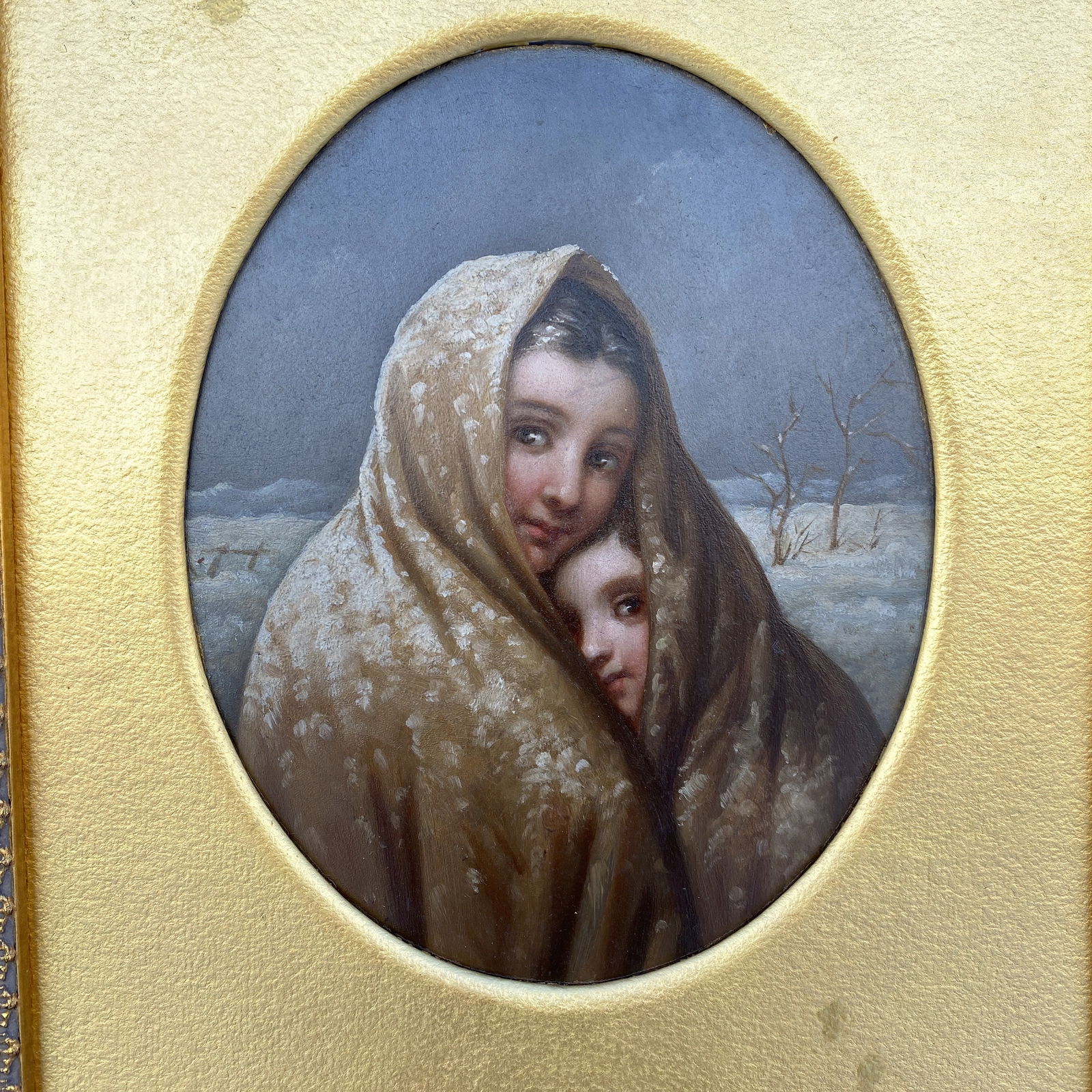 Louis Pisani The Winter From Pisani's Picture Gallery Florence: Louis Pisani The Winter From Pisani's Picture Gallery Florence Italy. The painting is signed and annotated on the reverse. It is an oval painting mounted in a square frame. The oval measures approxima
