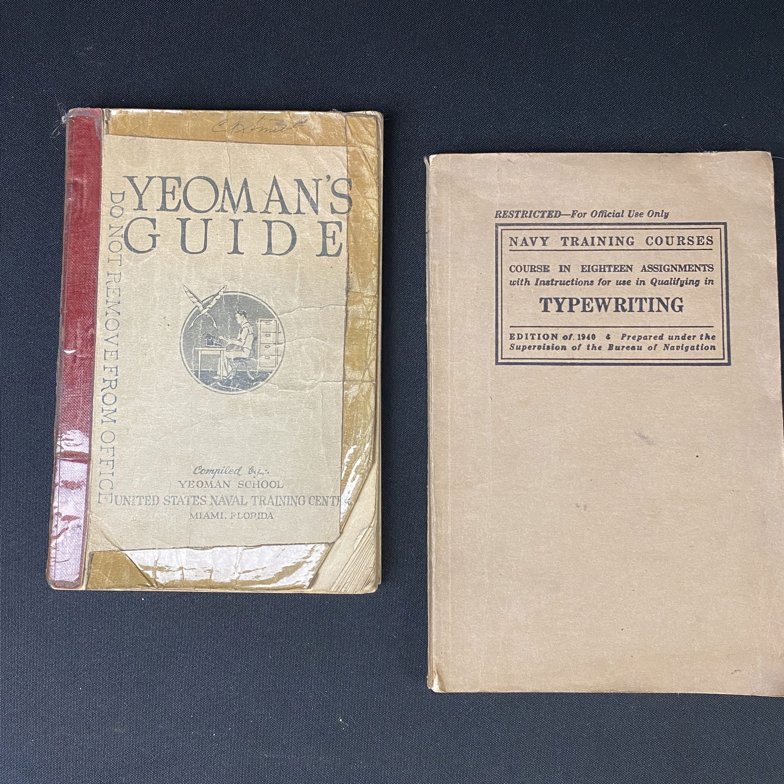 Lot of 2 Vintage USN Books Yeomans: Lot of 2 United States Navy books. 1. Yeoman's Guide printed in 1945 in Miami Fl. 2. Navy Training Courses Typewriting Edition of 1940
