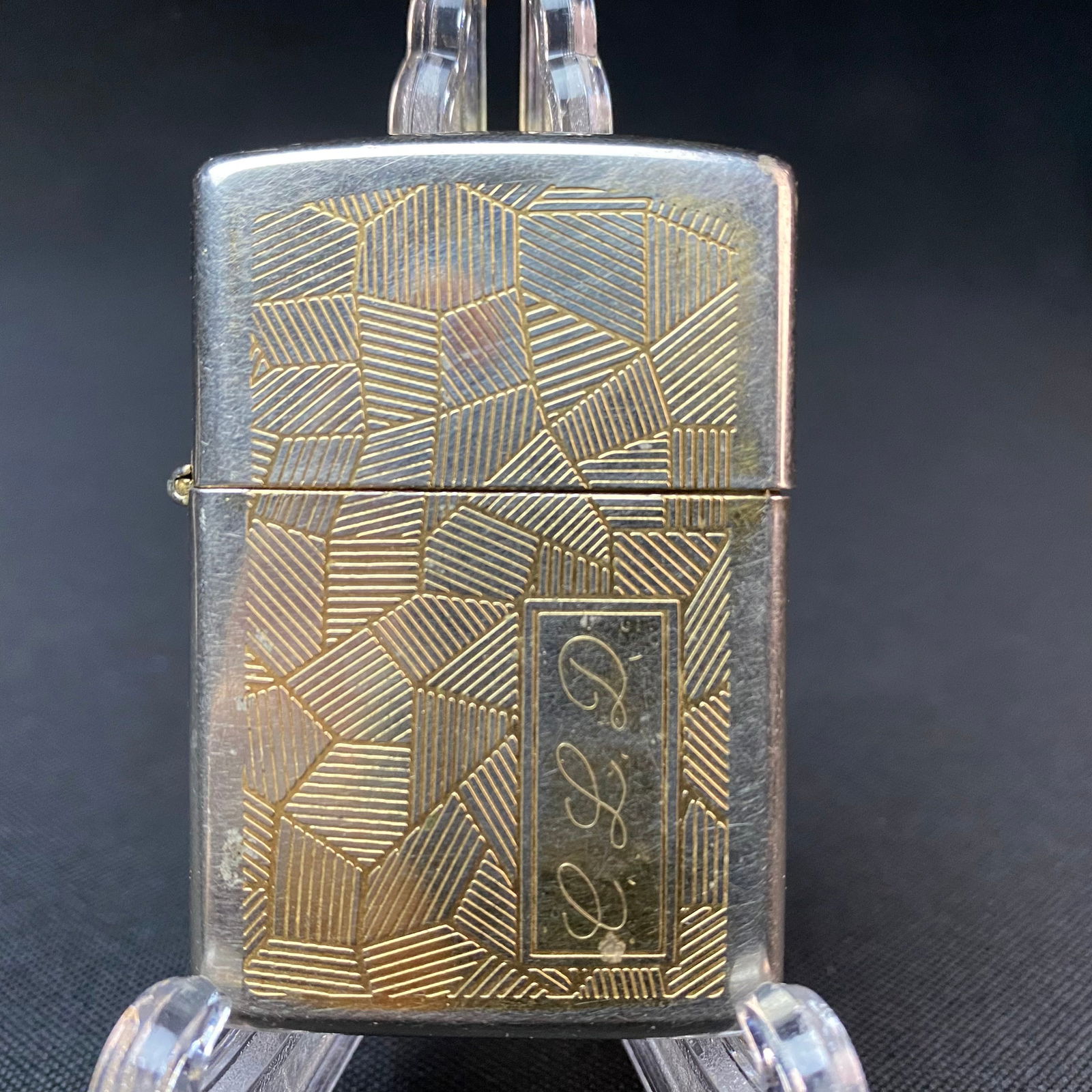 Silver and Gold Zippo Lighter with Engraved Pattern, and Engraved Initials on Front. (1 of 12)