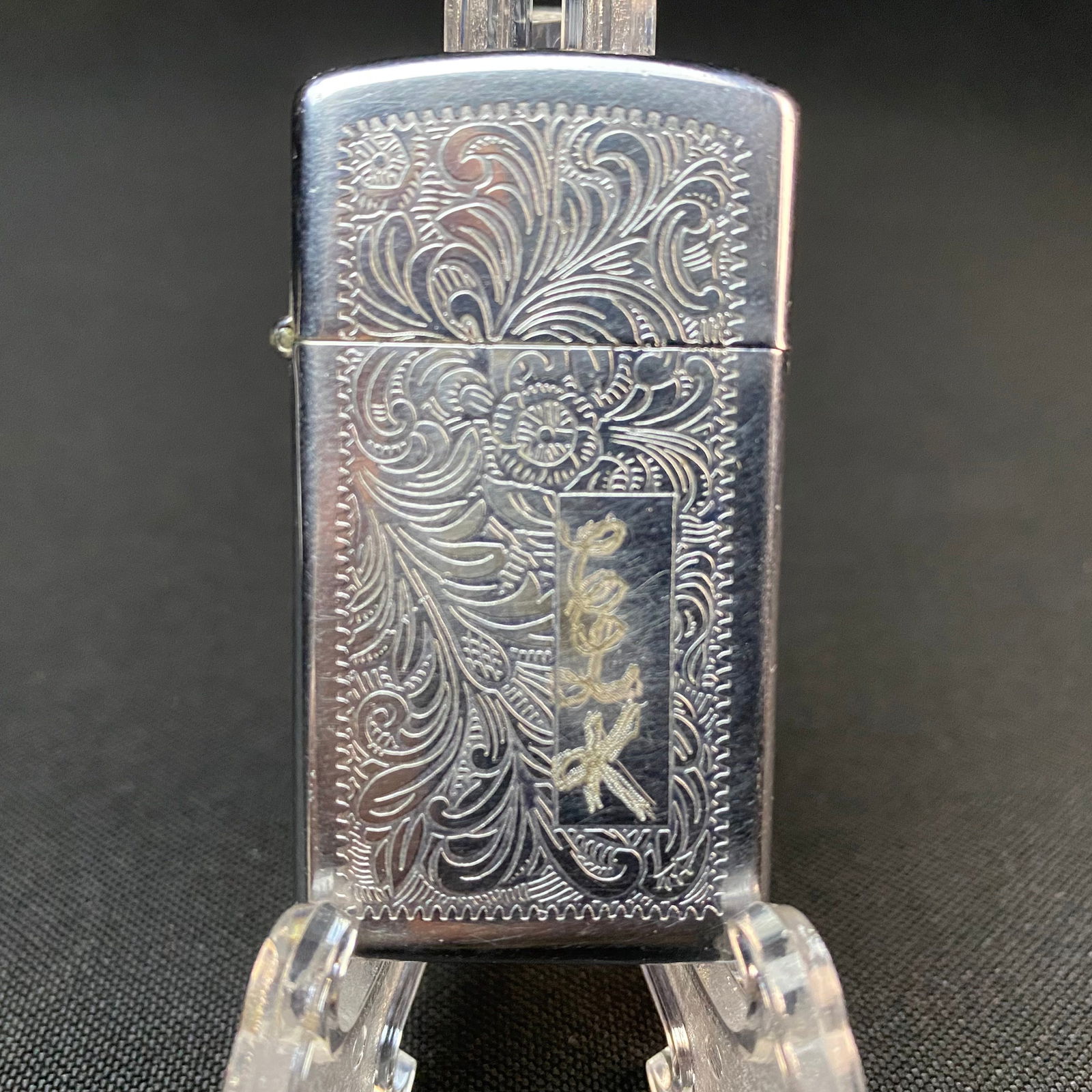 Chrome Slim Zippo Engraved Floral Design, and Initials Engraving Box with Hand Engrave Initials. (1 of 11)