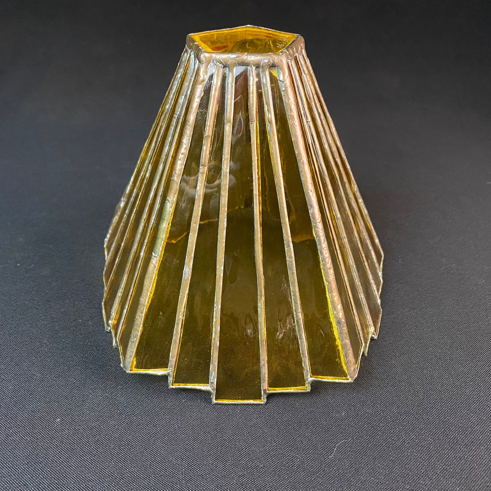 Handmade Amber Glass Lampshade: Handmade Amber Glass Lampshade. It is in great condition with no chips, cracks, or breaks, and only minor surface wear and grime. Pentagonal design, with 5 segments per side in a stepping pattern, wit