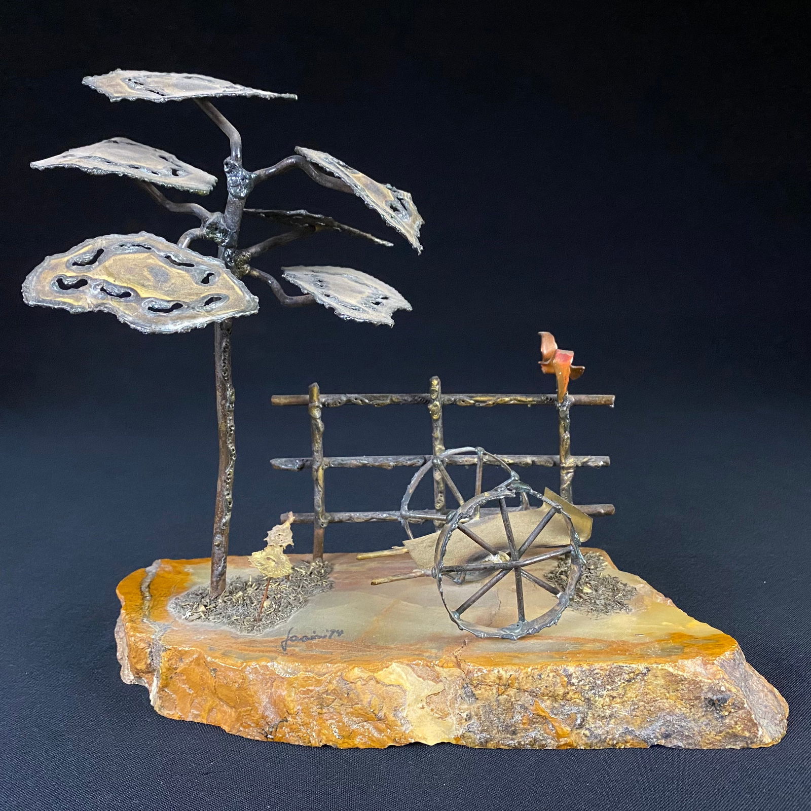 Vintage Mario Jason Brutalist Brass Sculpture: Vintage Mario Jason Brutalist Brass Sculpture. Signed Original. Condition is Excellent with no damaged or missing components, and a sturdy, uncracked base stone. It has a red cardinal on a fence post,