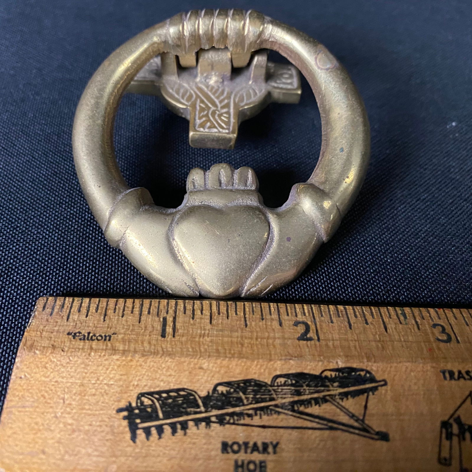 Antique Claddagh Shaped Brass Door Knocker with Celtic Cross Mounting Hinge Plate (1 of 4)