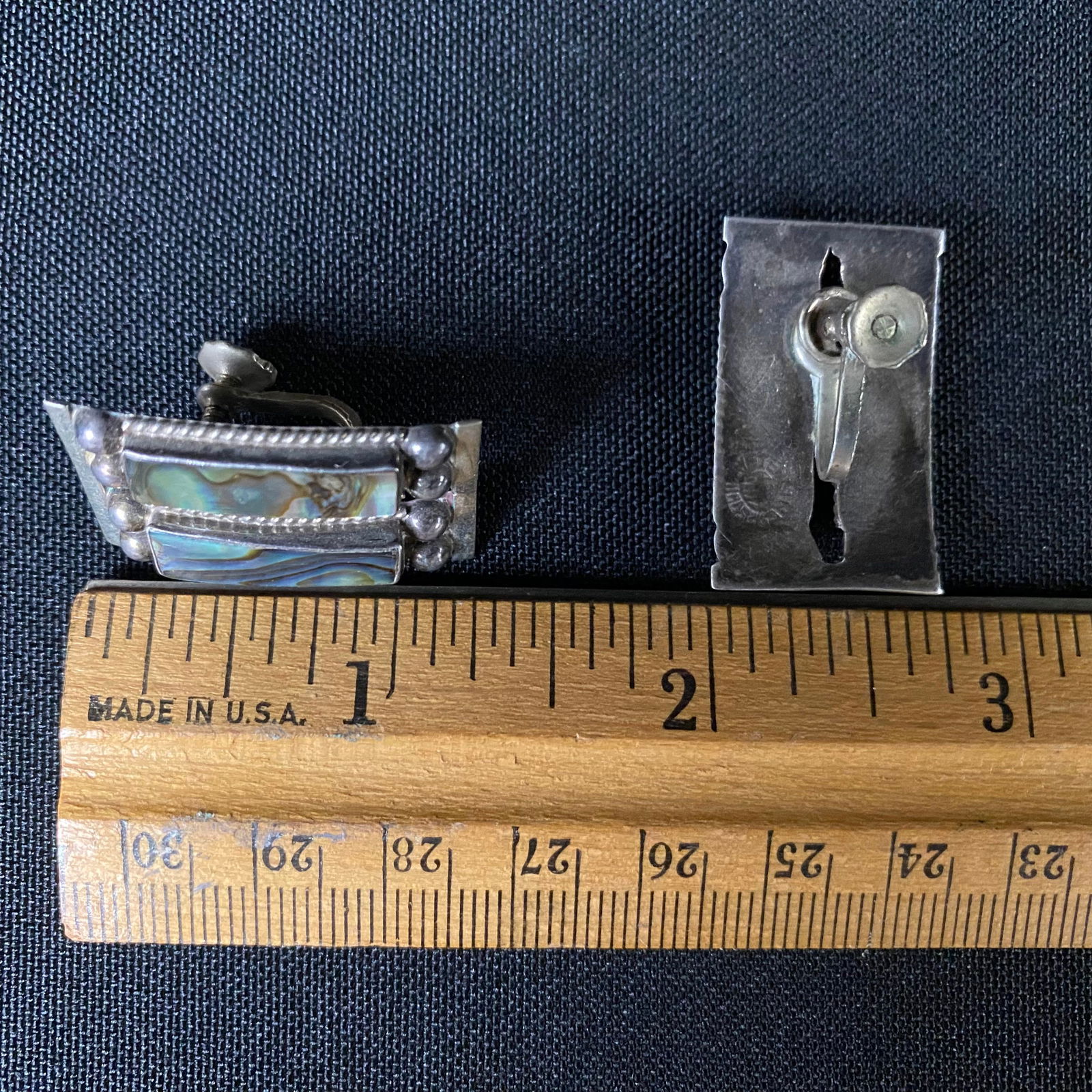 Sterling Silver and Abalone Curved Rectangular Screw Back Earrings - 12