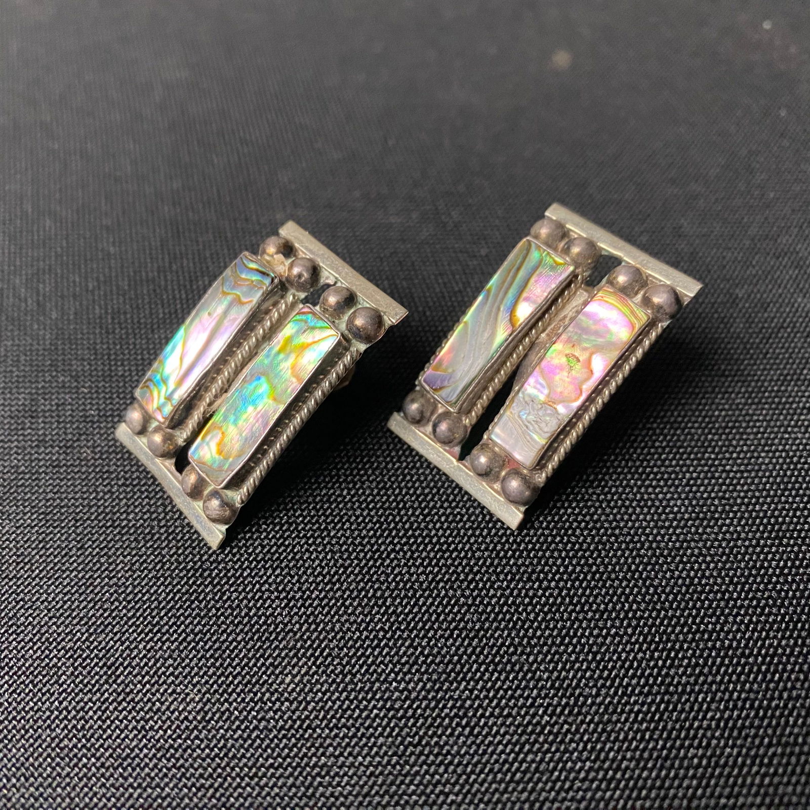 Sterling Silver and Abalone Curved Rectangular Screw Back Earrings - 4