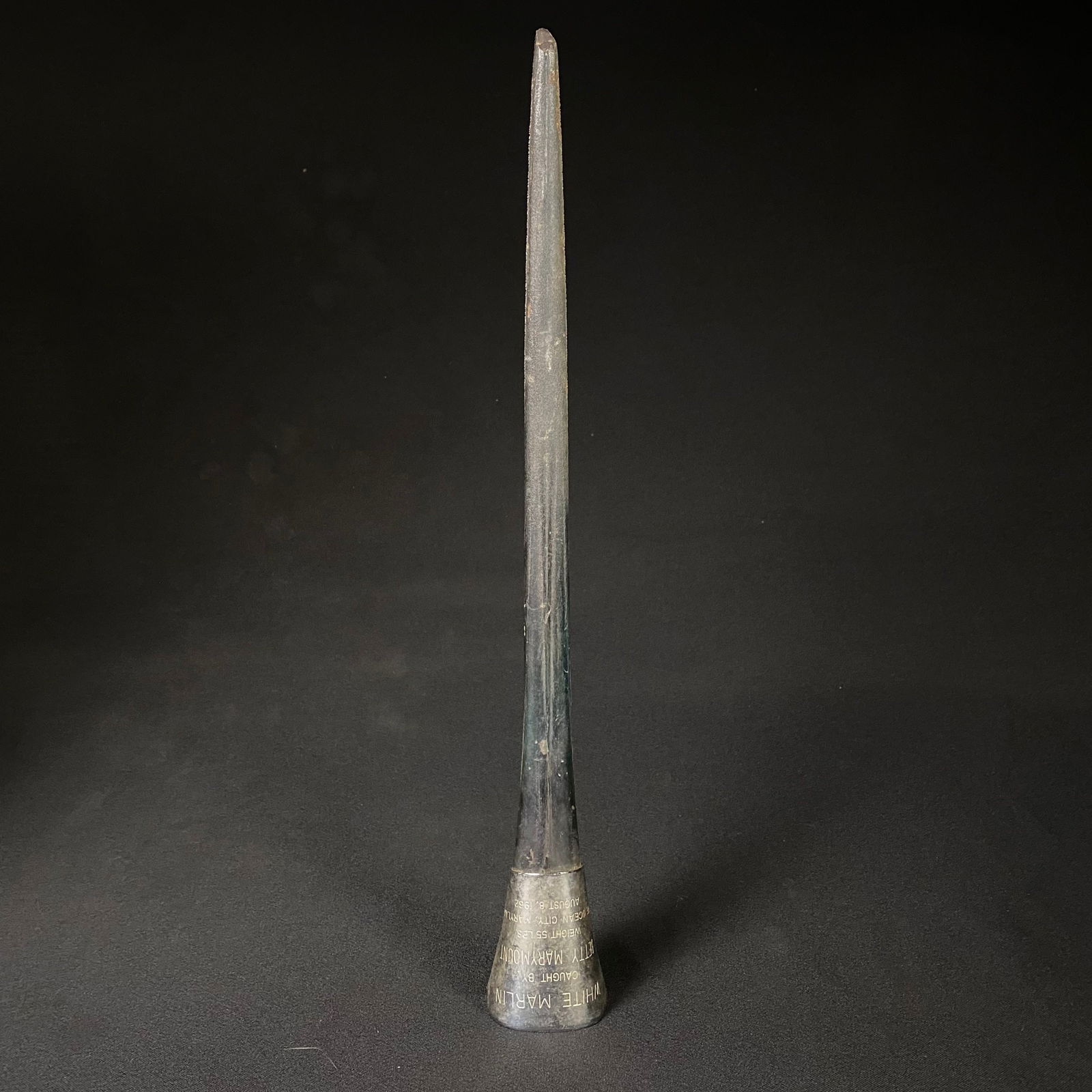 Vintage White Marlin Bill Trophy: White Marlin Bill Trophy. It is in good condition with some light wear to the entire piece. It has a small break in the tip of the bill, as well as some patina spotting and surface wear to the silver