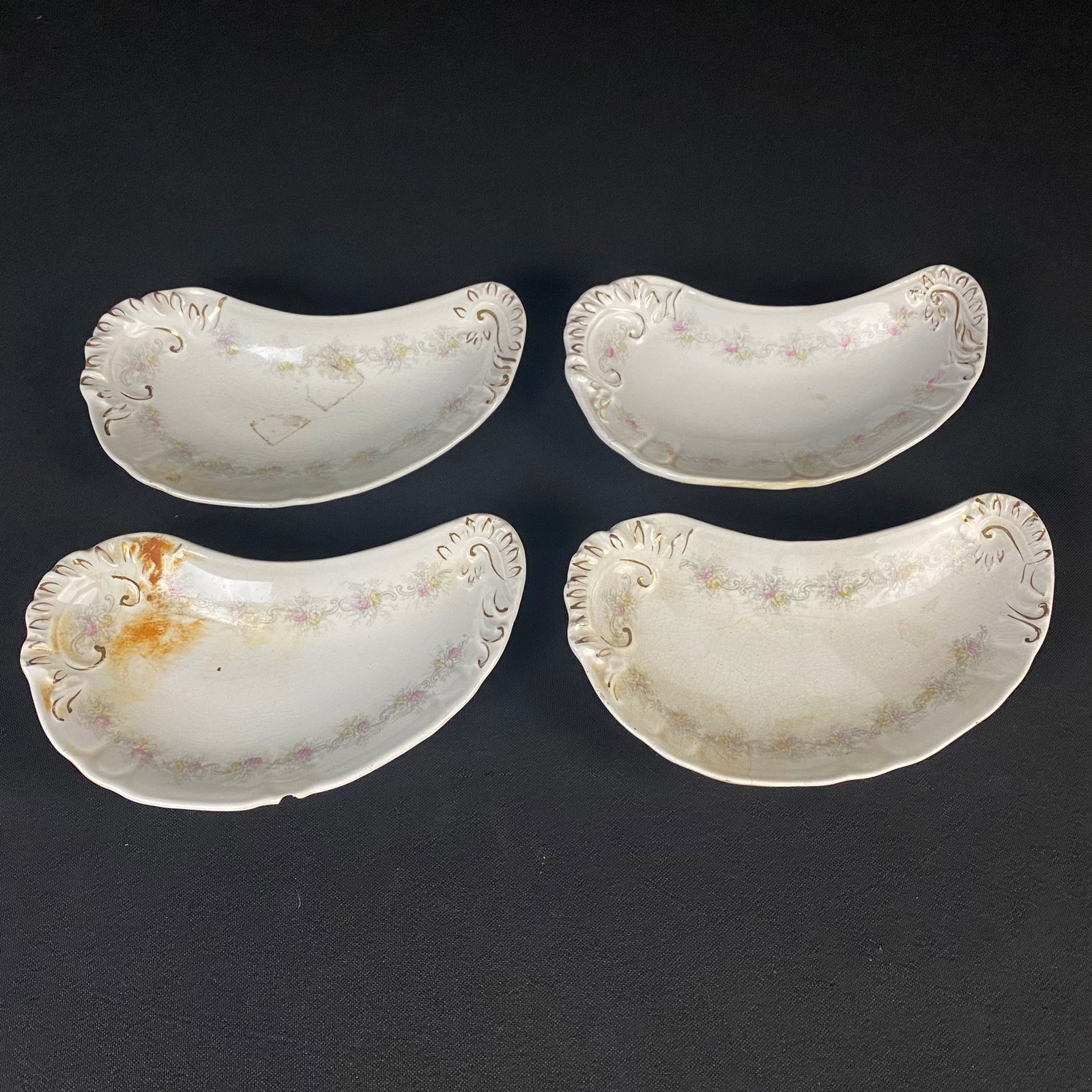 J&G Meakin Hanley England Semi-Porcelain Bone Dish Set of Four: J&G Meakin Hanley England Semi-Porcelain Bone Dish Set of Four. They range in condition from fair to very good with 2 dishes having some damage. One has a section broken out of the bottom of the base