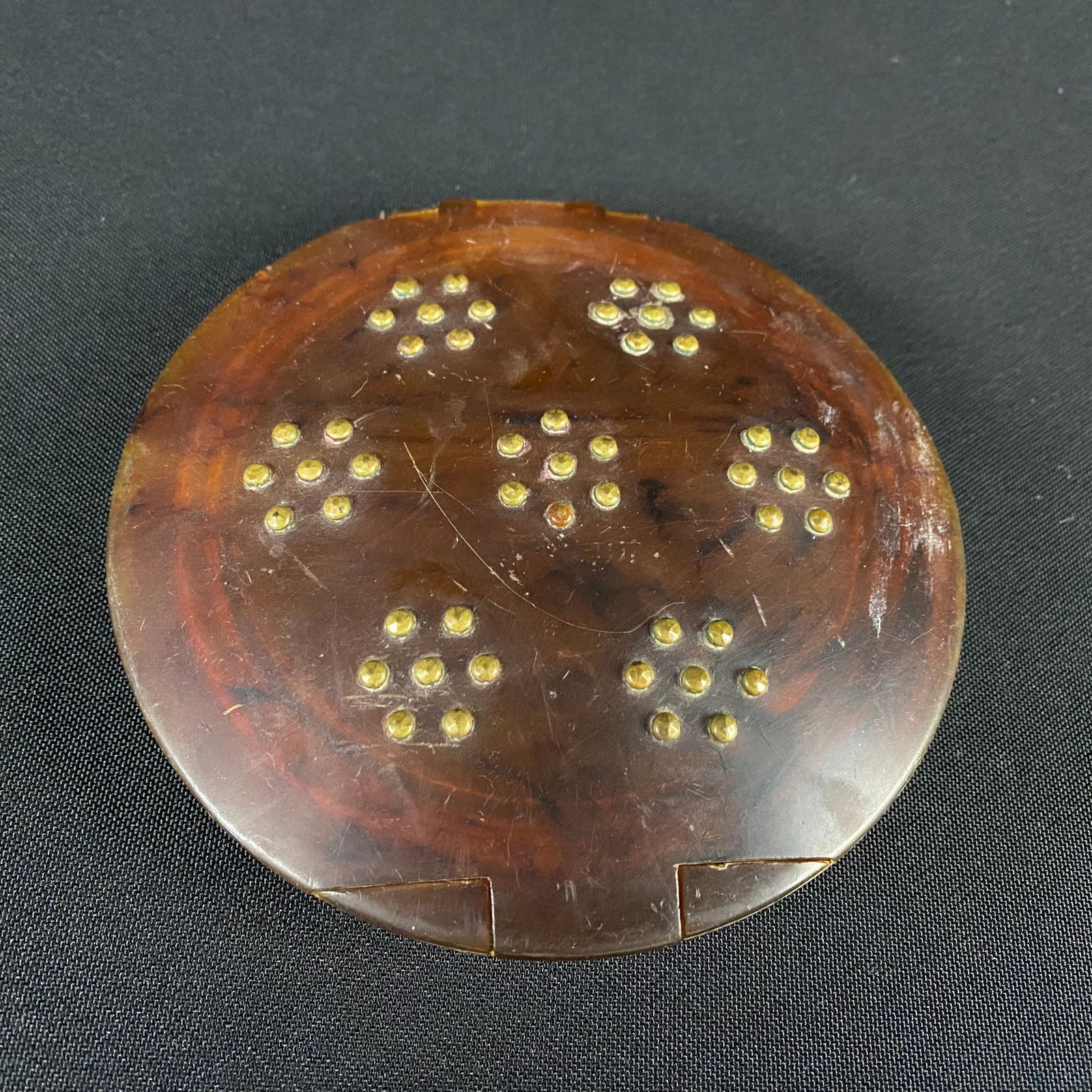 Semi Translucent Carved Faux Turtle Shell Container: Semi Translucent Carved Faux Turtle Shell Container. It is in excellent condition with no cracks, breaks, or chips, and moderate surface wear including a lot of scuffing and some more prominent scratc