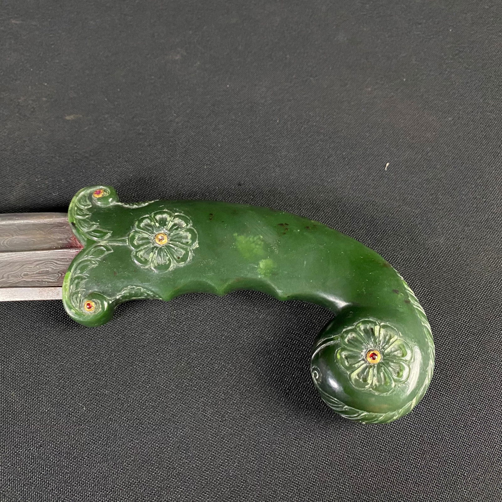 Hand Forged Jade Handle Damascus Dagger with Hand Made Wooden scabbard.: Hand Forged Jade Handle Damascus Dagger with Hand Made Wooden scabbard. It is in excellent condition with minor surface wear to the blade and handle, and heavier wear to the scabbard, which has a brea