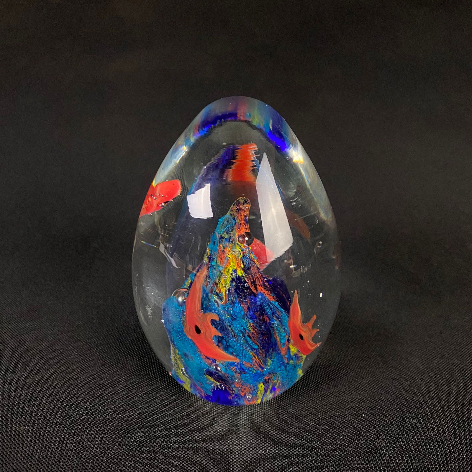 Vintage Collectible Hand Crafted Clear Glass Egg Shaped Paper Weight with Purple, Blue, Yellow and (1 of 7)