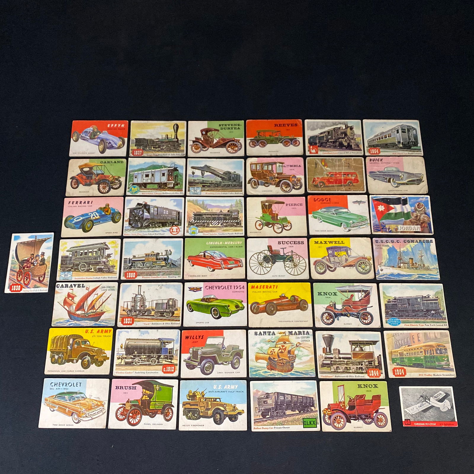 Vintage Set of 43 Cards of Vehicles: Vintage Set of 43 Cards of Vehicles. Conditions vary from fair to good. Damages vary from almost none to moderate wear including some crushed and bent corners, bends and creases to the card, minor nic