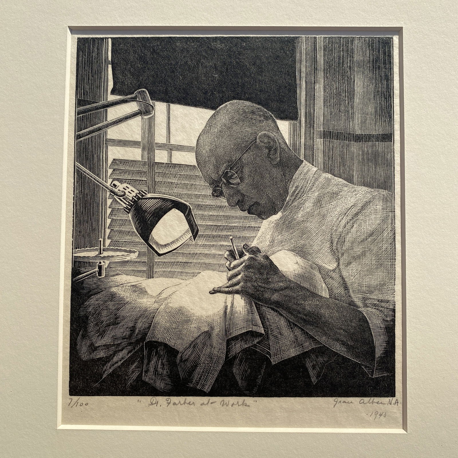 Grace A. Albee Dr. Farber at Work 1940 Wood Engraving 7/100: Grace A. Albee Dr. Farber at Work 1940 Wood Engraving 7/100. The print is annotated along the bottom with relevant info. The sight size of the print is 6.5"x 7.5". There is an exhibition label and a h