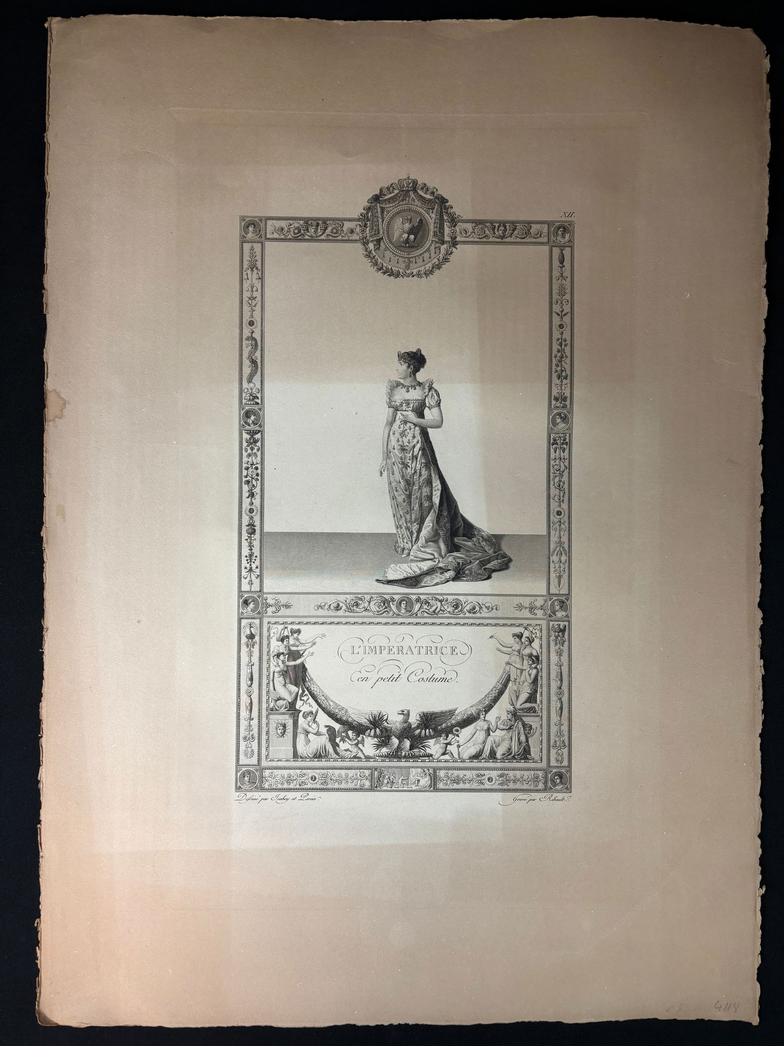 Chalcographie DuLouvre Museum engraving of L'Imperatrice in Costume Engraved by Jean Francois: Chalcographie DuLouvre Museum engraving of L'Imperatrice in Costume Engraved by Jean Francois Ribault after Jean Baptiste Isabeys' Portrait. This print shows empress Josephine on the day of Napoleon's