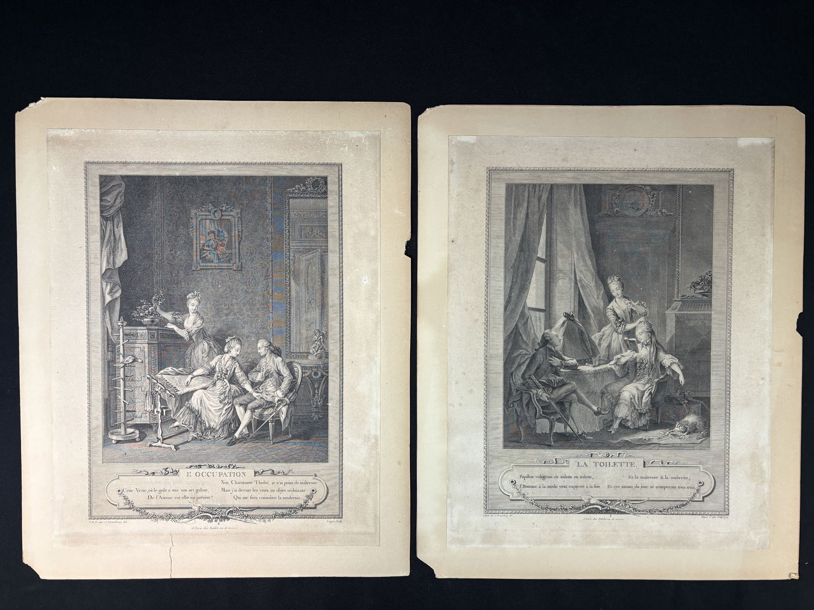 Pair of 18th C. Prints after Sigmund Freudenberger: Pair of 18th C. Prints after Sigmund Freudenberger. L Occupation is engraved by Lingee and dated 1774. La Toilette is engraved by Voyez and dated 1774. The prints are layed on cardstock. The prints si
