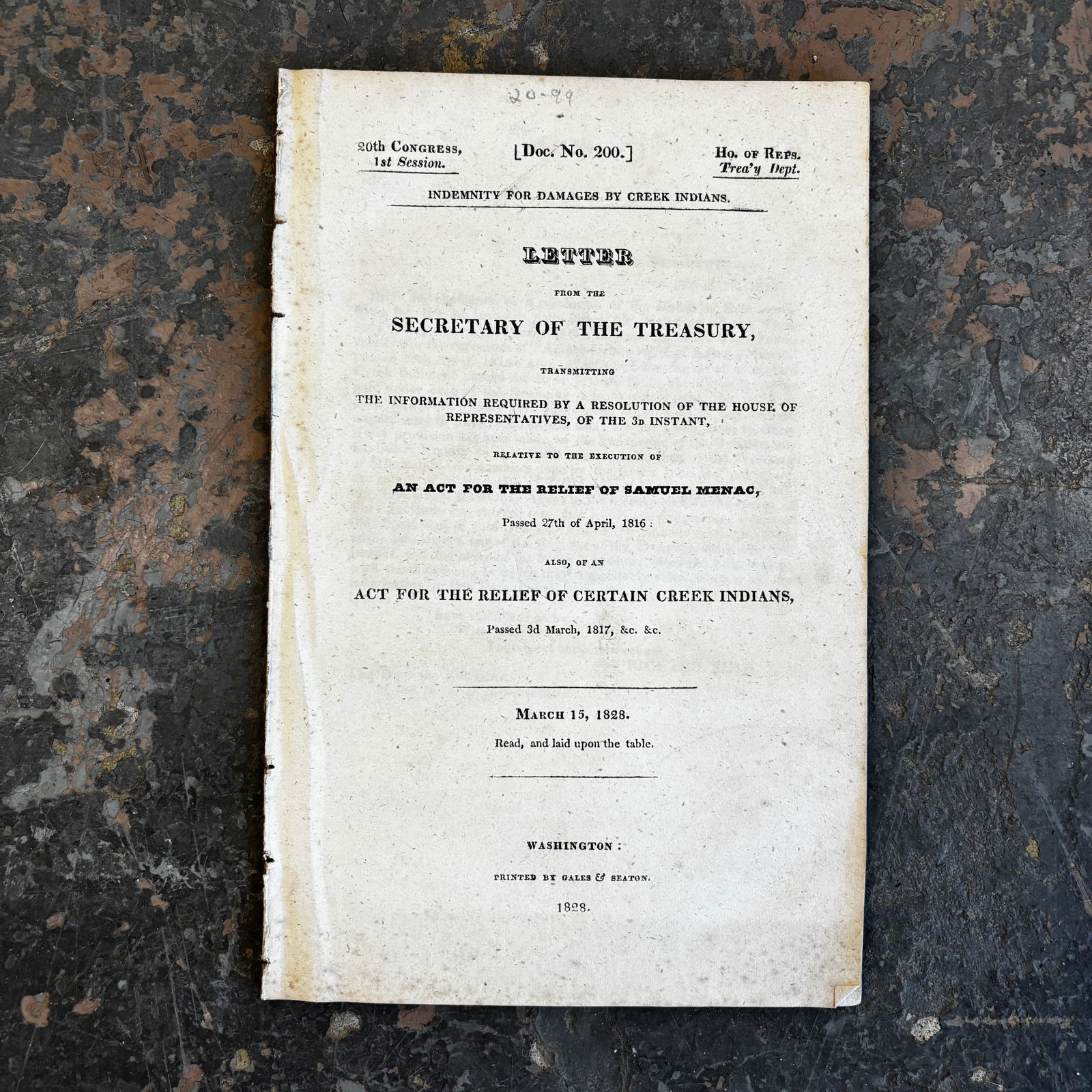 Congressional Letter on an Act For The Relief of Certain Creek Indians Mar. 1828: Congressional Letter on an Act For The Relief of Certain Creek Indians Mar. 1828