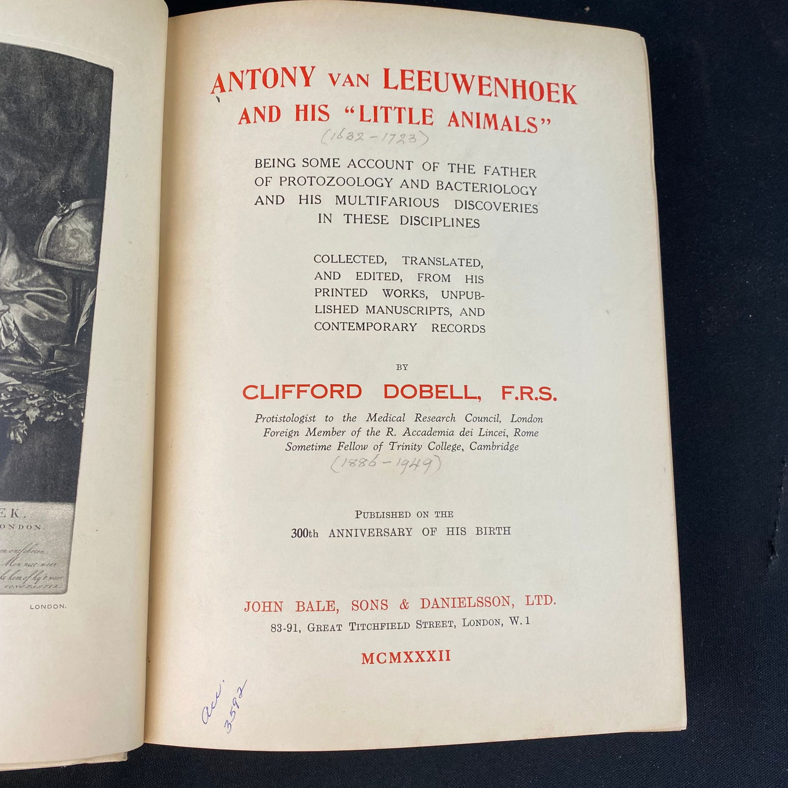 Vintage copy of Anthony van Leeuwenhoek and his Little Animals by Clifford Dobell: Vintage copy of Anthony van Leeuwenhoek and his Little Animals by Clifford Dobell published by John Bale , Sons & Danielsson in London