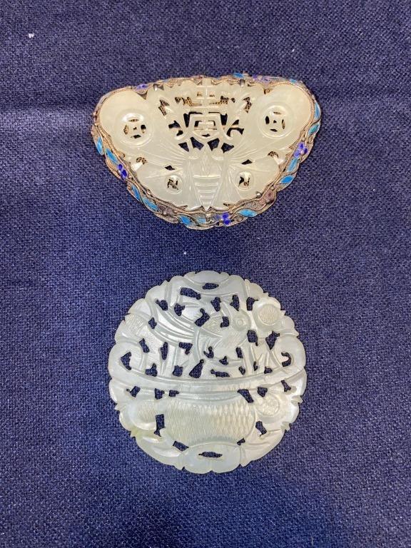 CARVED ORIENTAL PIN AND MEDALLION: PIN IS IN SILVER AND ENAMEL DECORATIONS
