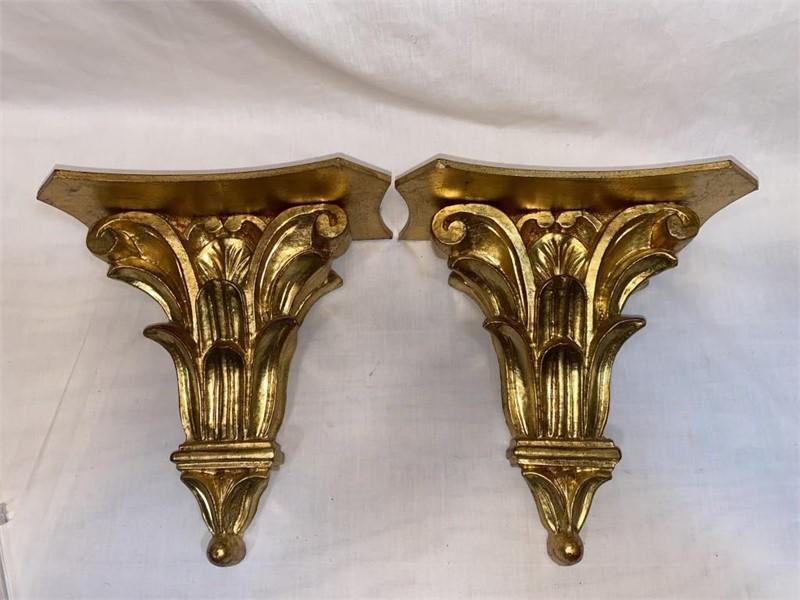 PAIR OF GOLD ITALIAN SIGNED WALL SHELVES: PAIR OF GOLD ITALIAN SIGNED WALL SHELVES