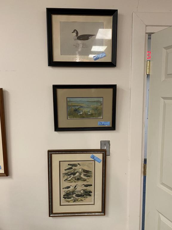 3 VARIOUS PIECES OF ARTWORK: SIGNED WATER COLOR, EARLY SEA GULL ETCHING, PAINTING OF WARD BROS. GOOSE