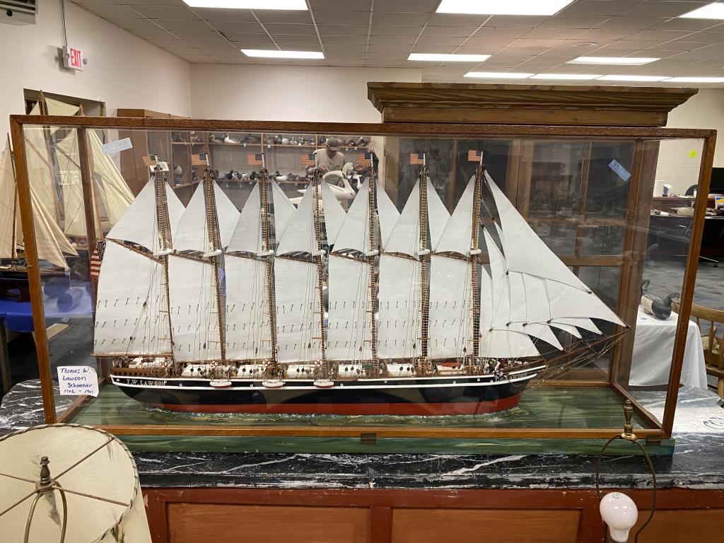LARGE 7 MAST SHIP MODEL INCLOSED IN CASE WITH: AMERICAN FLAGS
