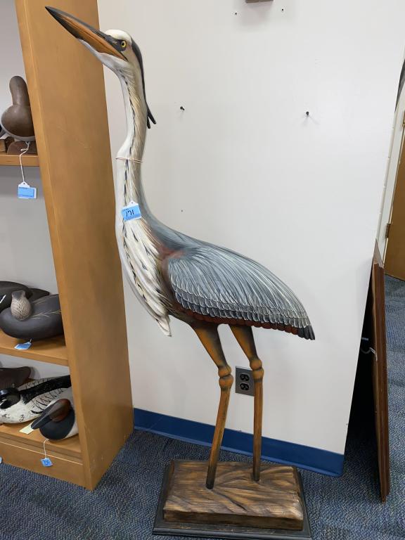 LARGE FULL SIZE CARVED BLUE HERON BY ROBERT MORELAND: BRANDED RDM ON BOTTOM. / FROM HARRISONBURG VA