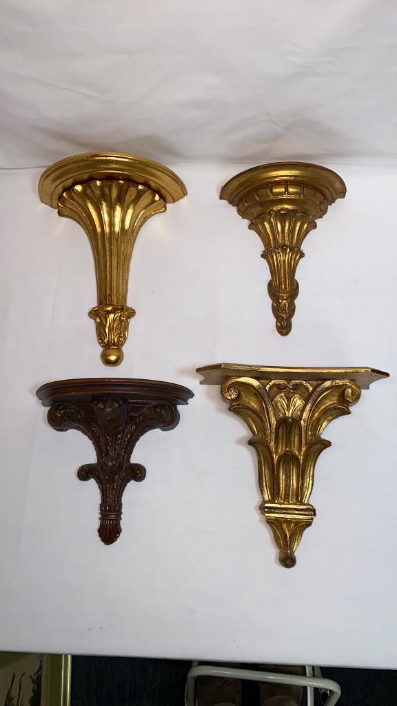 4 VARIOUS ITALIAN GOLD WALL SHELVES: ONE IS CARVED WOOD