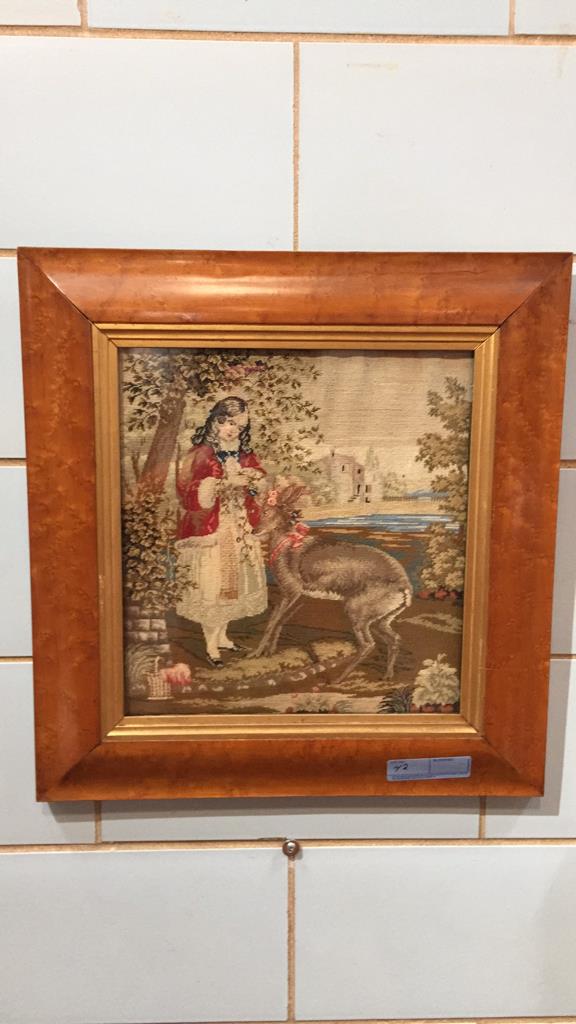 ANTIQUE NEEDLEWORK OF GIRL AND DEER IN MAPLE FRAM: 21 3/4" X 21 1/2"