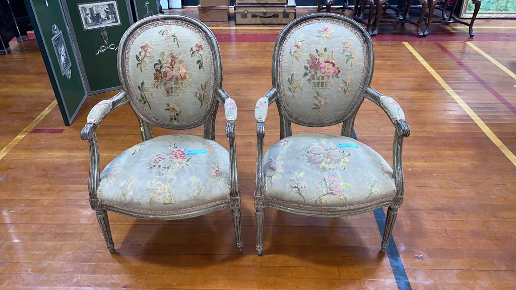 PAIR ANTIQUE FRENCH NEEDLEPOINT ARM CHAIRS (1 of 7)