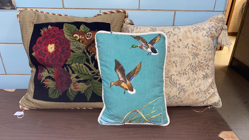 2 NEEDLEPOINT PILLOWS & PAINTED DUCK PILLOW (1 of 4)
