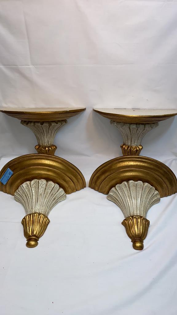 2 PAIRS OF WOOD CARVED GOLD AND WHITE WALL: SHELVES