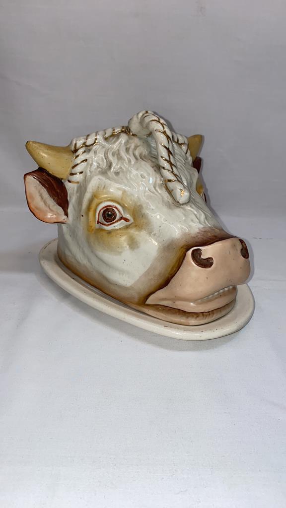 COW FORM MAJOLICA STILTON CHEESE DISH (1 of 5)