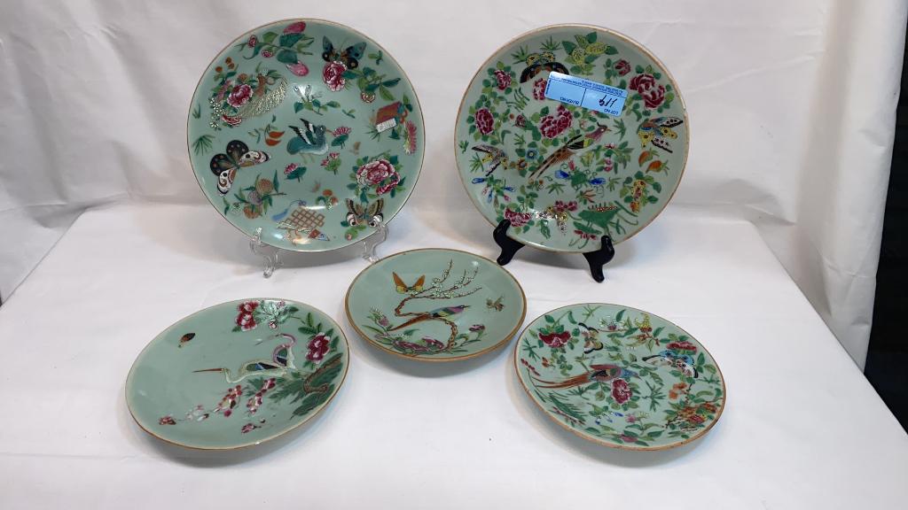 5 VARIOUS DECORATED CELADON PLATES (1 of 7)