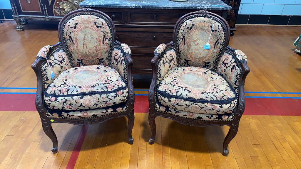 PAIR CARVED FRENCH NEEDLEPOINT CHAIRS (1 of 12)