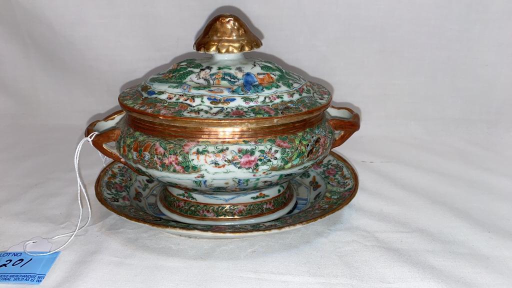 SMALL ANTIQUE ROSE MEDALLION TUREEN ~ 8" LONG: ~