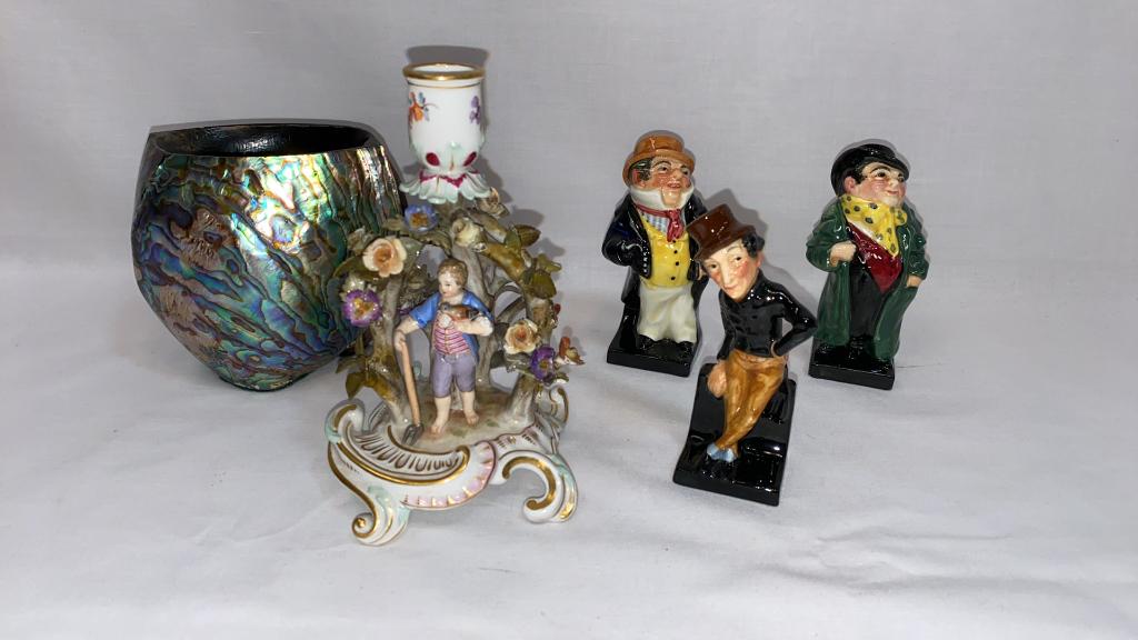 MEISSEN CANDLE STICK, 3 DOULTON FIGURES, SHELL VAS (1 of 8)