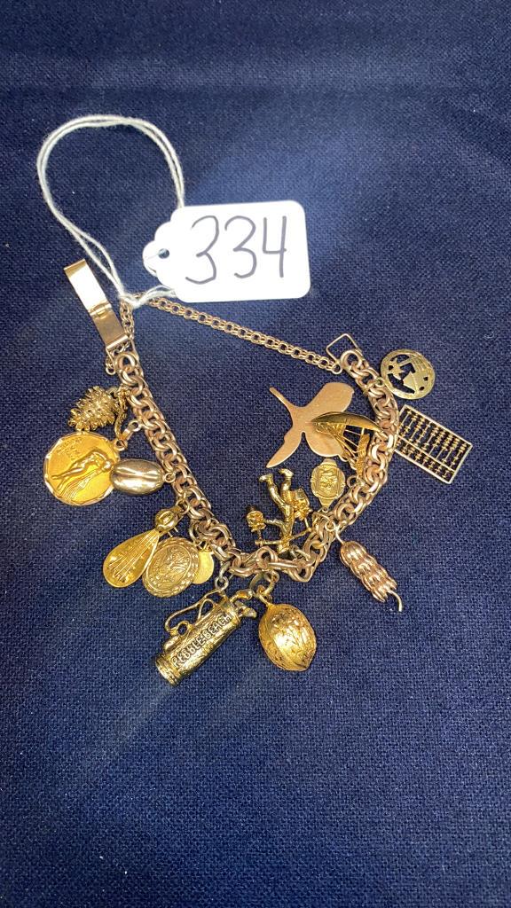 14k yellow gold charm bracelet mounted with: charms of various metal contents. Includes charms that are 10k, 14k, 18k sterling, & gold toned metal. Weighs 44.1 grams total.