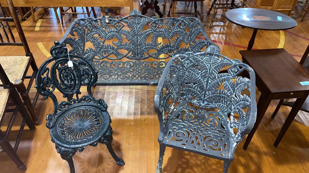 2 PC CAST ALUMINUM PATIO SET & CAST IRON CHAIR: BENCH 47" W