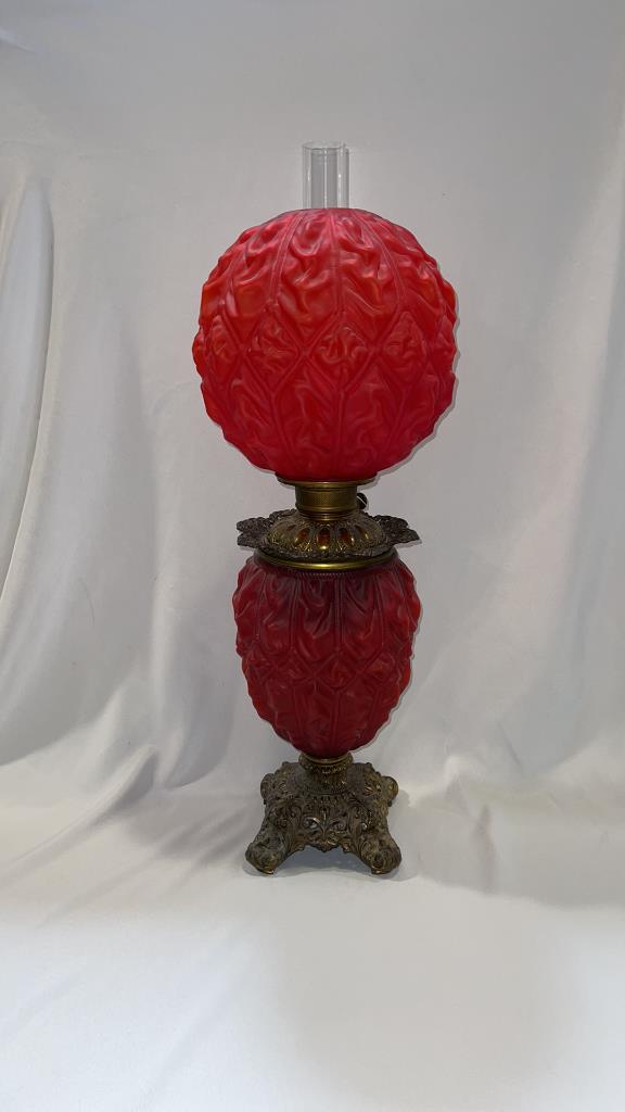 RED SATIN GONE WITH THE WIND OIL LAMP: 30" TALL